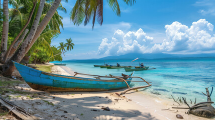 Obraz premium Serene Shores of Paradise: Traditional fishing boats rest on the pristine sands of a tropical island, framed by swaying palms and azure waters, a vision of idyllic tranquility. 