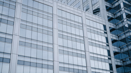 Skyscraper glass building of corporate headquarters in the downtown business area. Towering facade and windows embodying sleek, modern office environment. Financial institution. Modern architecture.