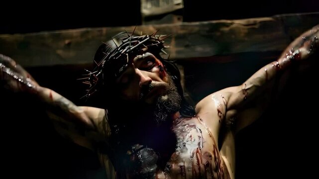 Video Recreation of Jesus Christ crucifixion with a bloody thorny crown