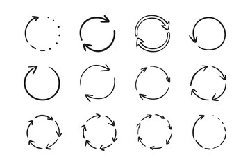 Round circle doodle arrows. Hand drawn arrow icons set. Recycle sketch signs. Repeat line symbols.