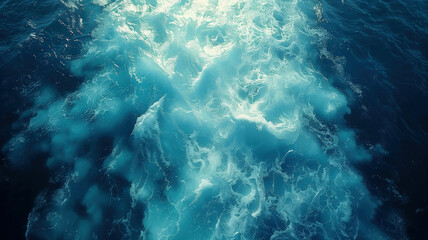 Fototapeta premium Ocean's Churn: A mesmerizing aerial view of turquoise ocean water churning and foaming, creating a captivating display of nature's raw power and beauty. 