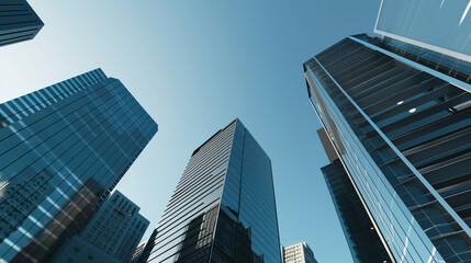 A futuristic skyscraper with a sleek, reflective glass facade rising against a clear blue sky, showcasing modern urban architecture and advanced design