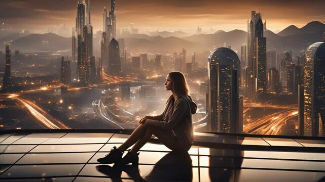 woman sitting outside against the futuristic city scene in the background, vector illustration
