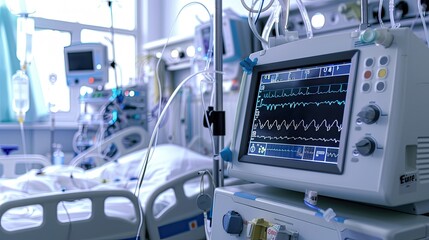 Fototapeta premium A detailed view of an intensive care unit showcasing advanced medical equipment and monitoring devices in a hospital setting...