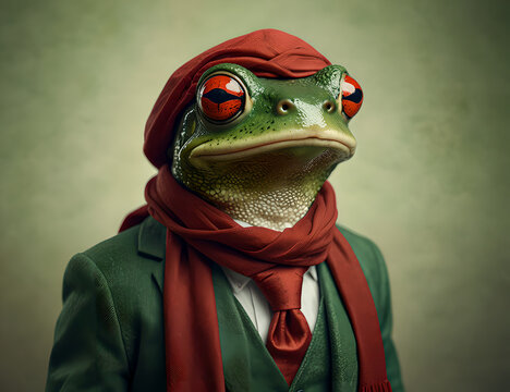 Anthropomorphic green frog with red eyes, dressed in a suit and red tie. Generative AI