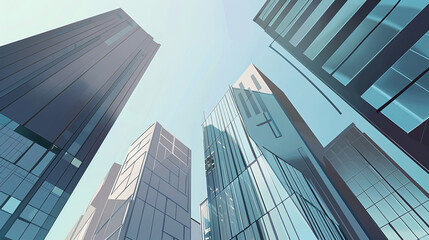 Fototapeta premium A futuristic skyscraper with a sleek, reflective glass facade rising against a clear blue sky, showcasing modern urban architecture and advanced design