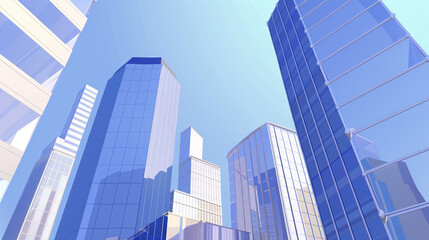 Fototapeta premium A futuristic skyscraper with a sleek, reflective glass facade rising against a clear blue sky, showcasing modern urban architecture and advanced design