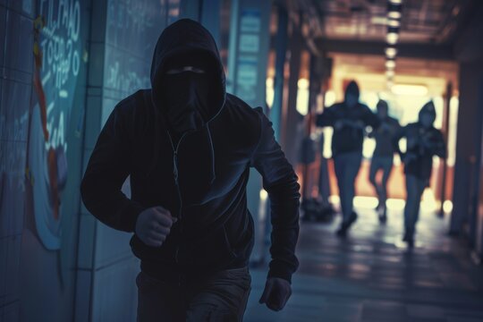 Thief man in black hoodie and mask robbing a bank with the gang running away 