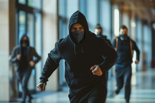 Thief man in black hoodie and mask robbing a bank with the gang running away 