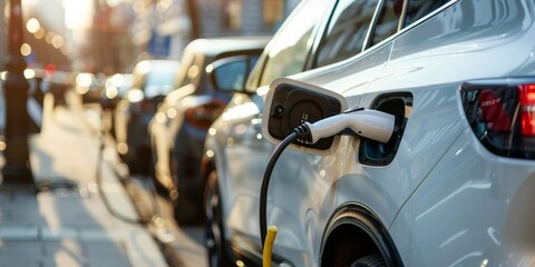Obraz premium Electric car charging stations are becoming more prevalent in urban areas, signalling a shift towards ecofriendly transportation. They play a role in advancing sustainable urban mobility