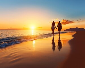 Fototapeta premium Romantic couple holding hands while walking on a beach during sunset, reflecting on the wet sand and calm waves in the background.