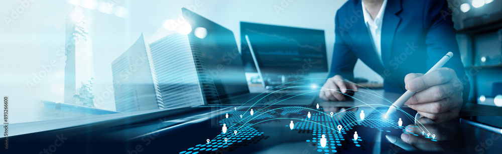 Leinwandbilder businessman draw structure a network connecting the customers icon in global business project manage