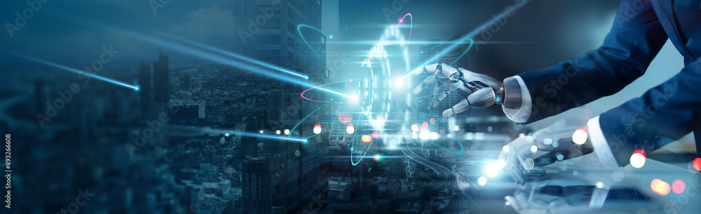 Poster AI, Deep learning, Humanoid robot touch big data on network, Algorithm, Business growth analysis through machine learning, AI Chatbot, Science and artificial intelligence technology.