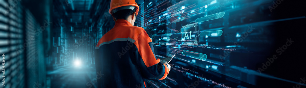 Aufkleber Chief of technician technology hold tablet and data transfer from rack servers systems, Cloud storage with high speed internet. SAAS, Streaming servers in network server room. AI, Machine learning.