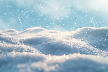 Winter snow background with snowdrifts, with beautiful light and snow flakes on the blue sky in the evening, banner format, copy space. 