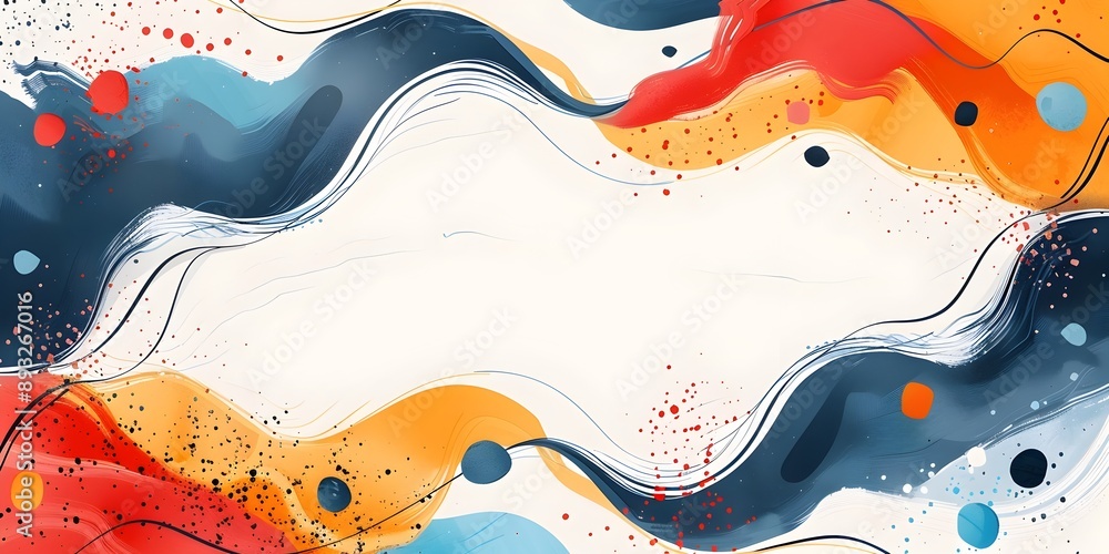 Poster vibrant and dynamic abstract frame with bold colors and fluid shapes on a minimalist white and conte