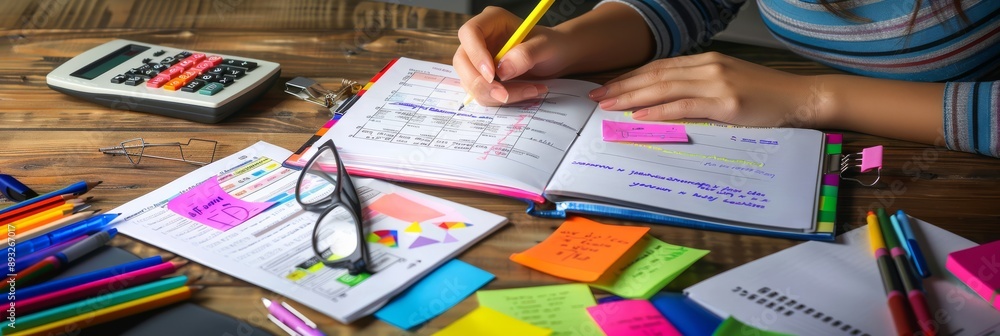 Poster In the image, a student is seen engrossed in studying with an open notebook and colorful stationery on a wooden desk. Writing tools, glasses, and sticky notes are also part of the organized setup