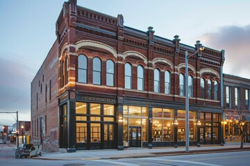 Fototapeta premium Historic Brick Building With Storefront Windows