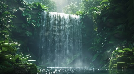 A Waterfall in the Middle of a Lush Jungle Filled With Trees and Plants Surrounded by Water - Generative AI