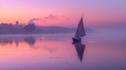 A Sailboat on a Lake at Dusk With a Foggy Sky in the Background - Generative AI