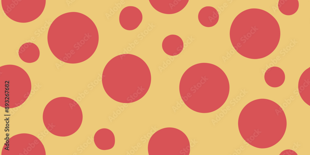 Poster seamless repeat pattern of scattered red polka dots on yellow background
