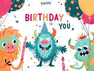 Happy birthday card with a cute monster character and text "HAPPY BIRTHDAY TO YOU" on a white background, with an orange color scheme. colorful cartoon characters of different shapes
