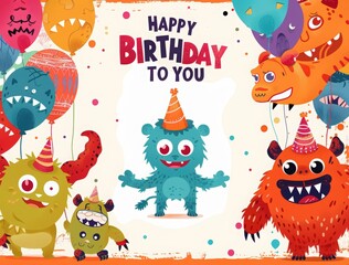 Happy birthday card with a cute monster character and text "HAPPY BIRTHDAY TO YOU" on a white background, with an orange color scheme. colorful cartoon characters of different shapes