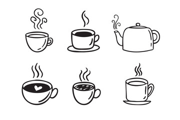 Hand drawn hot drinks set. Doodle coffee cups white background. Coffee, tea, cappuccino, espresso, latte, americano, hot chocolate