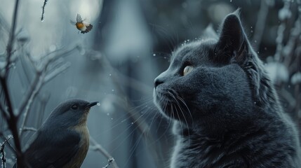 A curious cat watches a bird and butterfly in a serene winter landscape, creating a captivating and peaceful wildlife moment.