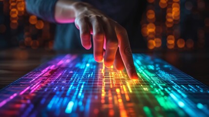 A Person's Finger on a Glowing Keyboard With Multicolored Lights in the Background - Generative AI