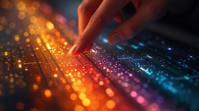 A Person's Finger on a Glowing Surface With Multicolored Lights in the Background - Generative AI