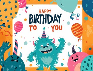 Happy birthday card with a cute monster character and text "HAPPY BIRTHDAY TO YOU" on a white background, with an orange color scheme. colorful cartoon characters of different shapes