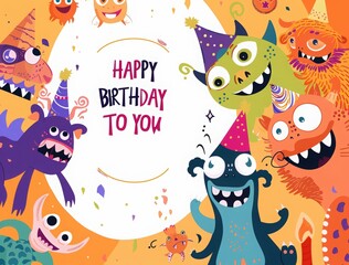 Naklejka premium Happy birthday card with a cute monster character and text 