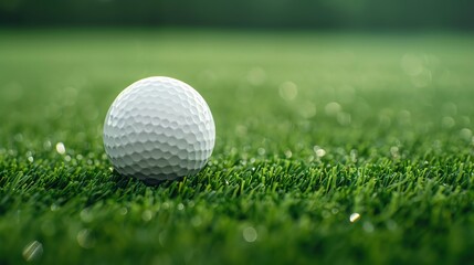 Obraz premium Close view of a golf ball on lush fairway, blurred golf course backdrop, bright greenery