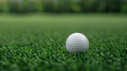 Fototapeta premium Close view of a golf ball on lush fairway, blurred golf course backdrop, bright greenery