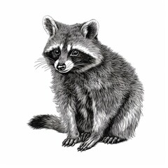 Obraz premium Black and white Vintage engraved art of a raccoon isolated on white background, ink sketch illustration, simple vector art design, highly detailed line art, high contrasty 