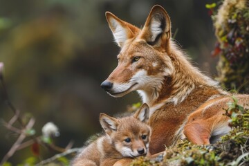 Fototapeta premium An endangered ethiopian wolf holding her pup in the Bale Mountains National Park in Ethiopia.