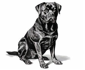 Obraz premium Black and white Vintage engraved art of a Rottweiler isolated on white background, ink sketch illustration, simple vector art design, highly detailed line art, high contrasty 