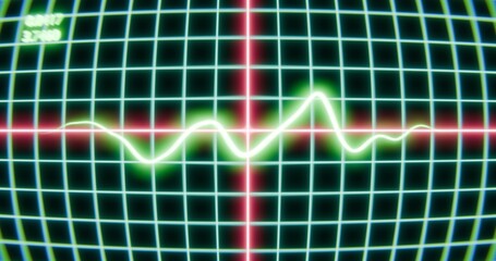 Digital waveform on futuristic grid with neon lines and copy space for text in technology and science-themed visual representation