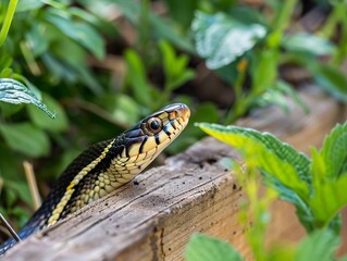 Sneaky Serpent: Eastern Garter Snake Posing atop Wooden Garden Bed