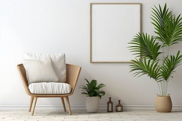 Fototapeta premium Interior of living room with white walls, wooden floor, beige armchair and vertical mock up poster frame. 3d rendering