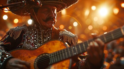 A Man in a Mexican Hat Playing a Guitar With a Microphone in Front of Him - Generative AI