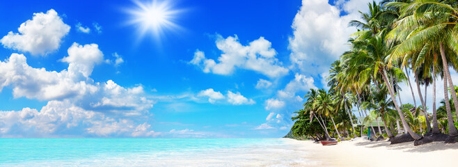 Tropical island paradise sea beach beautiful panorama landscape, turquoise ocean water, coconut palm tree, white sand, sun blue sky cloud, summer holiday vacation travel, Caribbean, Maldives, Thailand