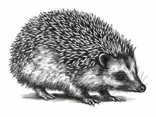 Fototapeta premium Black and white Vintage engraved art of a hedgehog isolated on white background, ink sketch illustration, simple vector art design, highly detailed line art, high contrasty