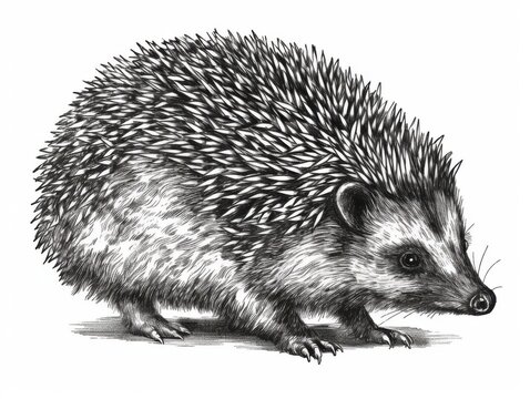 recommend clip art: Black and white Vintage engraved art of a hedgehog isolated on white background, ink sketch illustration, simple vector art design, highly detailed line art, high contrasty