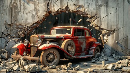 Classic Car Driving Through Broken Wall 3D Wallpaper.