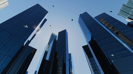 A futuristic skyscraper with a sleek, reflective glass facade rising against a clear blue sky, showcasing modern urban architecture and advanced design