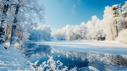 Serene winter landscape with snow-covered trees, a frozen lake, and a clear blue sky, emphasizing the beauty of the cold season.


