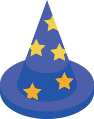 Fototapeta premium Blue wizard hat with yellow stars standing on an empty white background