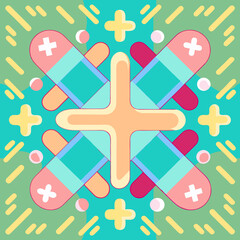 Fototapeta premium Repeating pattern with a light green background with an abstract pattern of crosses and other shapes in pastel colors.